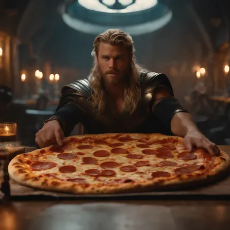 Muy gordo Thor come pizza grande, Detalles altos, ultra foto realsisim, realista, 8k