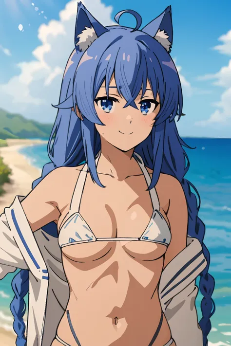 (Masterpiece, Best quality), Music, 1girll, Solo, Smile, Blush, Double up braid, Long hair, Blue hair, ahoge, Cat ears, Blue eyes, (((Bikini))), (((White bikini))), Small breasts, Upper body, standing, self-shot, looking at viewert, beach, Sea