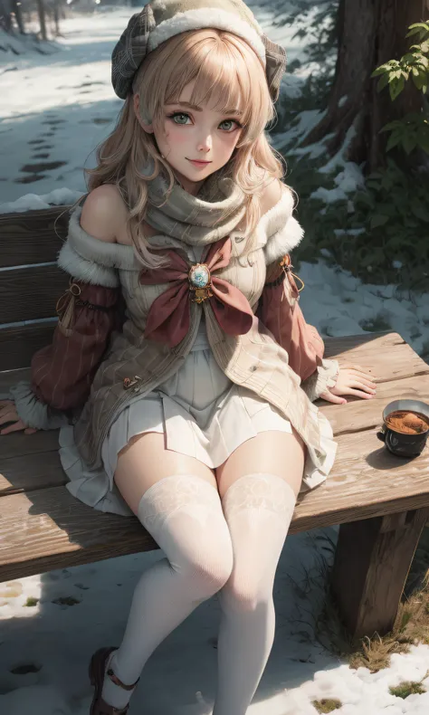 Girl sitting on a bench, Warm winter clothes, green colored eyes, Peoples casual clothes, pantyhouse, white pantyhose, Winter time, snowing, little chest, You can see the underpants, Upskirt, blackskirt, detailed digital anime art, beautiful anime girl, be...