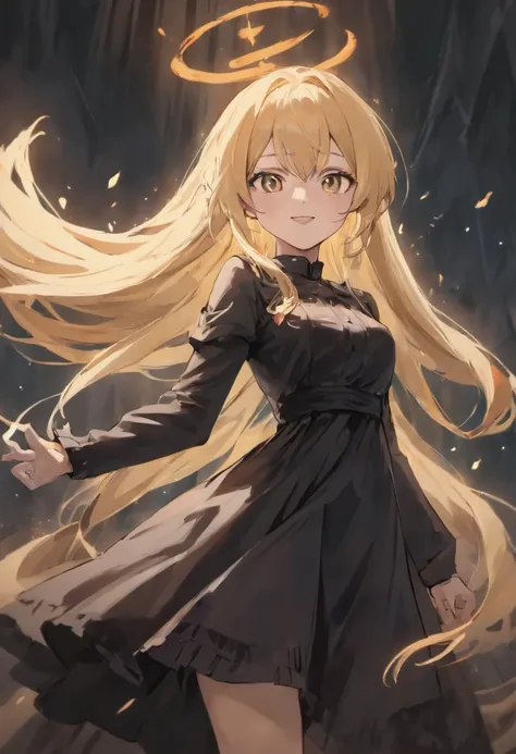 An evil girl，long whitr hair，Wearing a long black dress，evil grin smile，Dark style