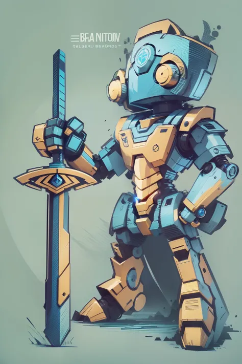 logo, cartoon style, Robot bleu, Robot Blue chevalier tenant un marteau de forge, Robot sentinelle, Marteau pilon, Vue de face, Regarder le spectateur, posture charismatique , Style de logo, Simpliste, Illustration style