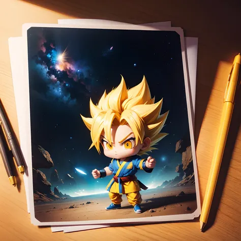 Sun Wutian, Super Saiyan, Yellow hair, Chibi, Blue shirt, Looking at Viewer, Card Background, Galaxy, Wearing an orange martial arts costume