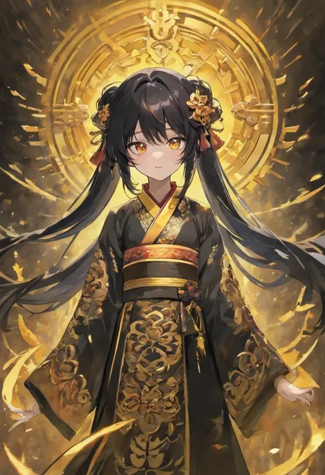 black long hair, gold eyes, hanfu dress