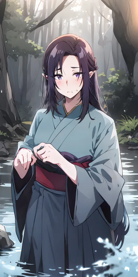 long hair, purple eyes, pointy ears, japanese_clothes, solo, nature, 1boy, bangs,  outdoors, standing, forest, looking_at_viewer...