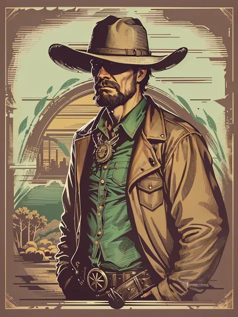 High quality design vector style image, t-shirt print style, cowboy graphic art white background realistic colors, american old west scene, vector image.