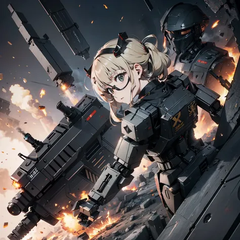 (h&K Rifle:1.4)、(((Fire a rifle to destroy military robots:1.4)))、(Female soldier with non-mechanical body)、独奏:1.4、(Black combat uniform)、(platinum-blonde-hair:1.2)、Have multiple weapons、rubble、((超A high resolution))、Detail Write、​masterpiece、top-quality、e...