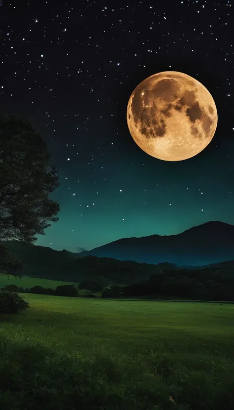 uma imagem noturna no campo, Starry sky and full moon