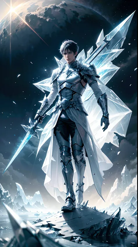 Ice rose field there is a man sticking an ice sword In soil ,Dramatic, accurate commands, ice background, ice elements particles and atmosphere, HD and rich colors, lots of effects on the background.