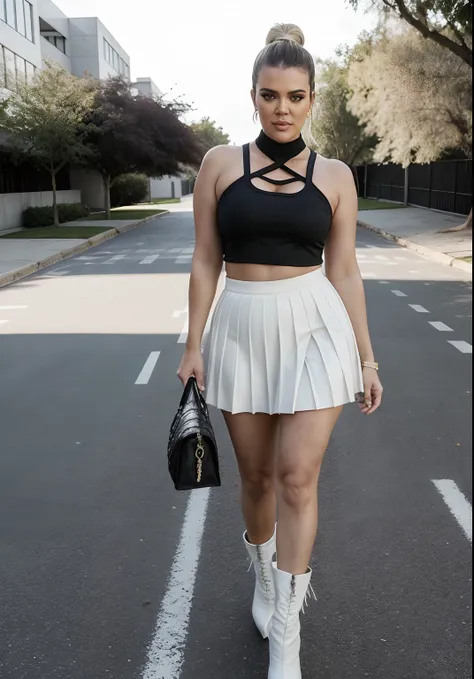 Khloé Kardashian, white mini knife pleated skirt and crop top, heeled ankle boots, ponytail tied hair, erotica, bright sunny day scene, athletic milf body, posing in university playground, hourglass milf figure, big breasts, seductive expression on her fac...