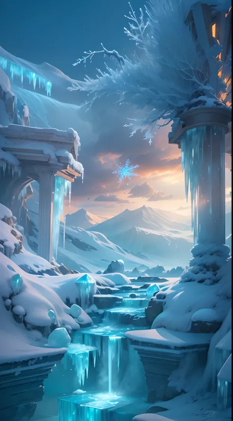 (((1girll)))，Imperial water，A magician，（Loose dress：1.5），（Perfect facial features：1.4），（Blue silk robe），（Mysterious magic formations：1.2），Blue glow，（Frost wings），(((Powerful ice magic)))，(((Icicles)))，Towering over the landscape，Blue light cold light，(((Ic...