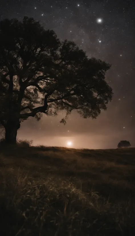 uma imagem noturna no campo, Starry sky and full moon