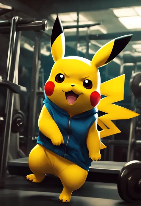 Pikachu, Pokémon, in a bodybuilding gym, Well-defined and detailed muscles, focus on biceps and triceps,