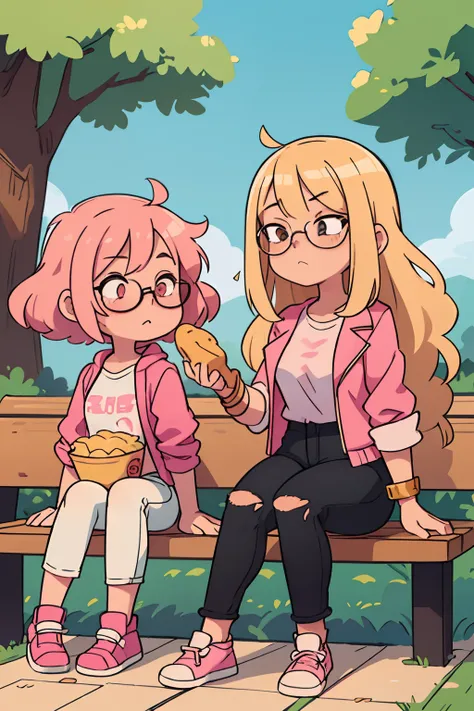 2 girls, One with blonde hair with curly bangs in a white t-shirt and black jeans with glasses, Sitting on the levka is another one with a long, bright pink hair, In a pink jacket and jeans, sitting on a bench, eats chips, Same height