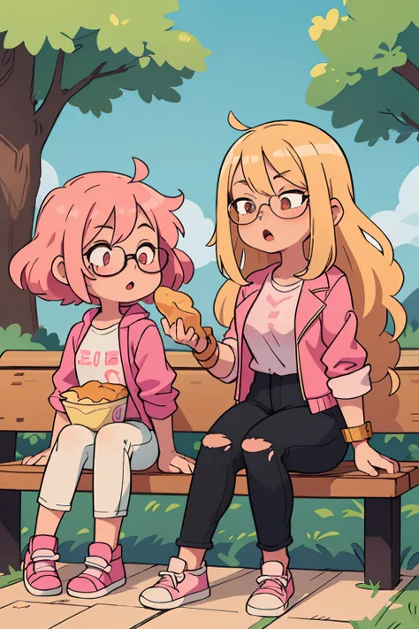 2 girls, One with blonde hair with curly bangs in a white t-shirt and black jeans with glasses open mouth, Sitting on the levka is another one with a long, bright pink hair, In a pink jacket and jeans, sitting on a bench, eats chips, Same height