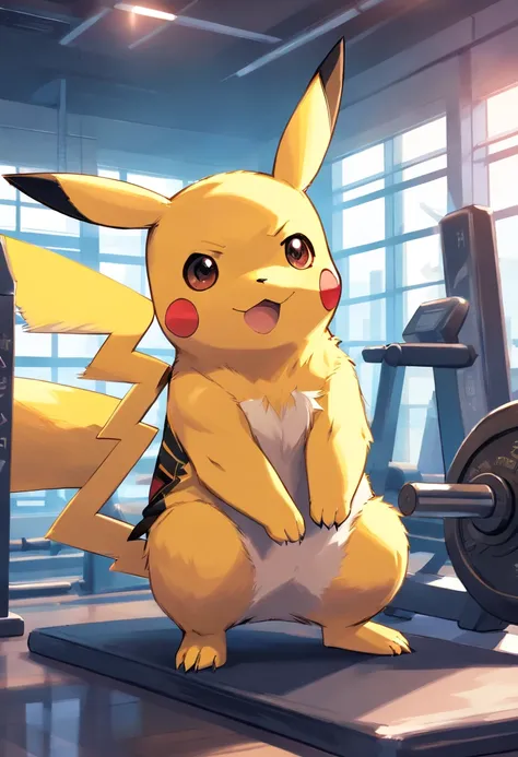 Pikachu, Pokémon, in a bodybuilding gym, Well-defined and detailed muscles, focus on biceps and triceps,