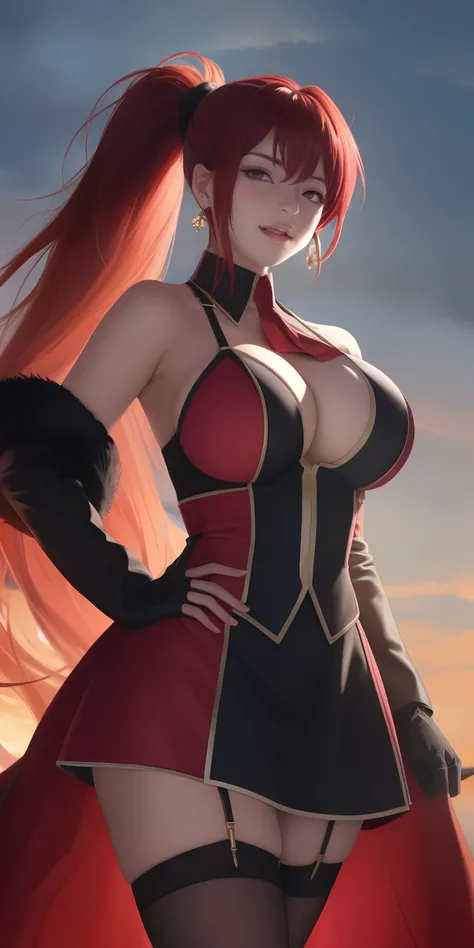 1girl, bangs, bare_shoulders, blue_sky, blush, breasts, cleavage, cloud, cloudy_sky, day, earrings, eyebrows_visible_through_hair, garter_straps, gloves, hand_on_hip, jewelry, large_breasts, long_hair, looking_at_viewer, open_mouth, outdoors, ponytail, red...
