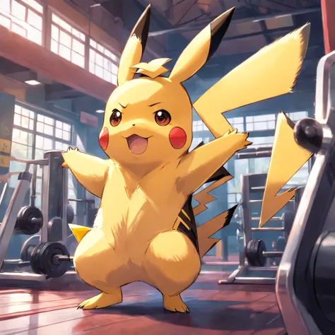 Pikachu, Pokémon, in a bodybuilding gym, Well-defined and detailed muscles, focus on biceps and triceps,