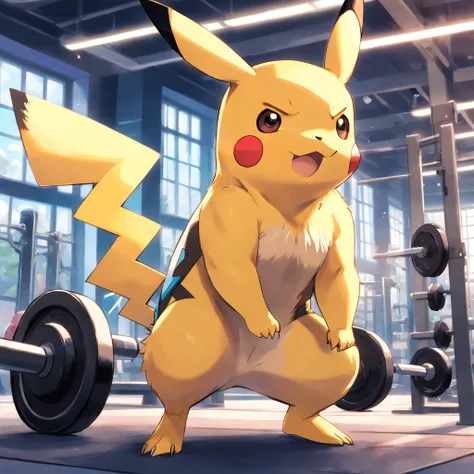 Pikachu, Pokémon, in a bodybuilding gym, Well-defined and detailed muscles, focus on biceps and triceps,