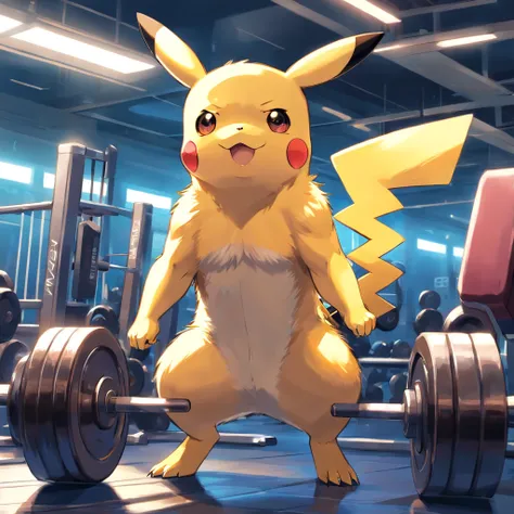 Pikachu, Pokémon, in a bodybuilding gym, Well-defined and detailed muscles, focus on biceps and triceps,