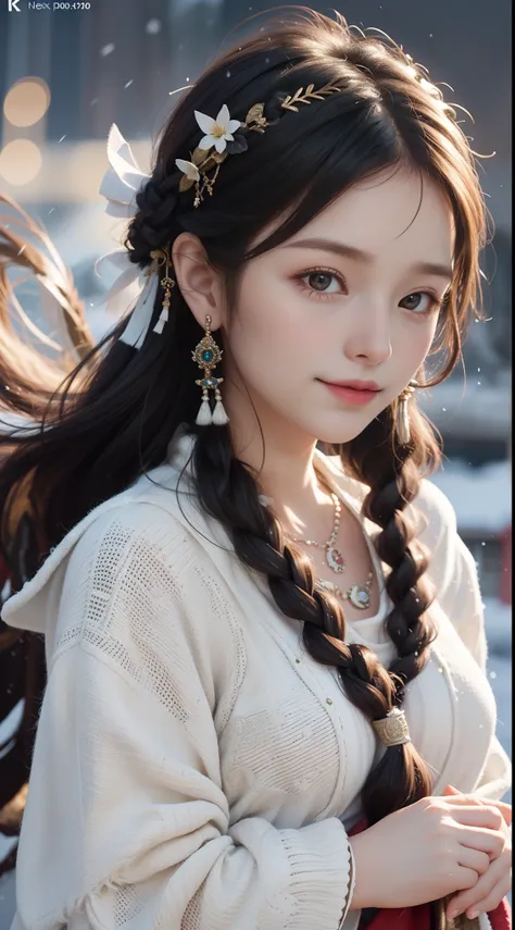 A girl, long braids, Tibetan girl, close-up, slightly raised head, smile, bust photo, upper body, Tibetan clothing, clothes with fluff, white flut, high-end Tibetan clothing, cumbersome Tibetan clothing design, cold clothing, winter clothing, appearance Ya...