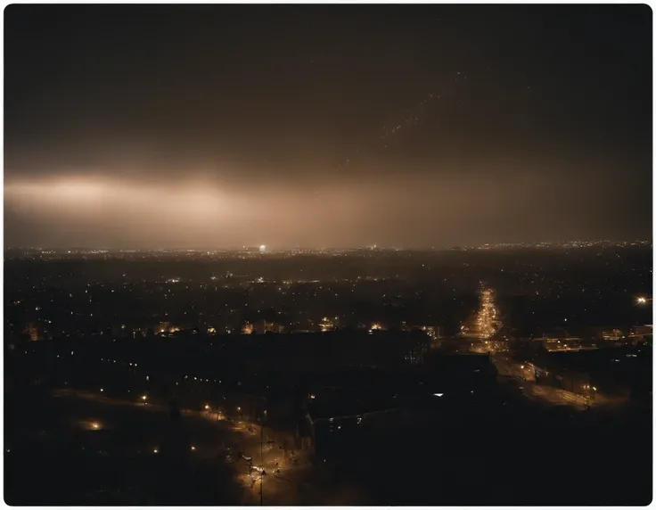 Meteor shower destroys a city, dark sky, cinematic, apocalypse scene