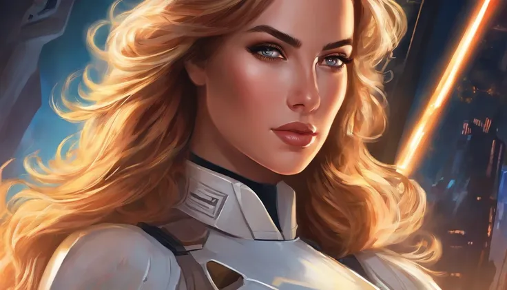 Portrait of a female Imperial stormtrooper with a city in the background, morena, hairlong, inspired by concept art by Magalie Villeneuve, trending on cg society, AB ""Star Wars": The Old Republic", influenced by Ralph McQuarries concept art. The stormtroo...