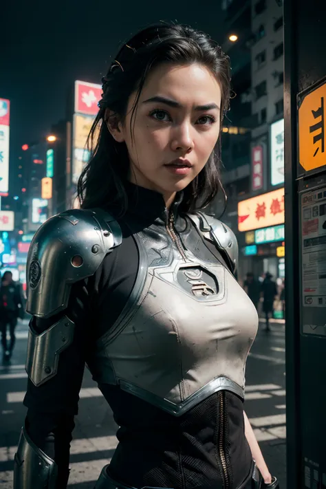 (((jessica henwick in a futuristic cyberpunk ninja assassin armor, glowing robotic ninja armor )), (dynamic pose), (masterpiece)...