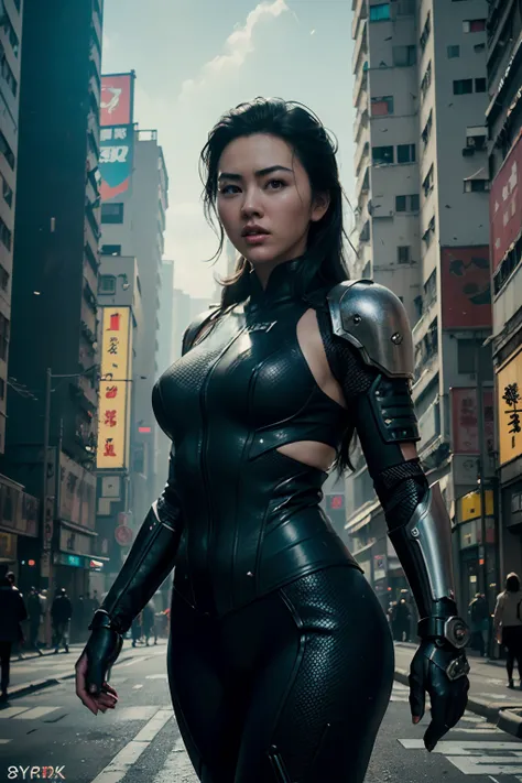 (((jessica henwick in a futuristic cyberpunk ninja assassin armor, glowing robotic ninja armor )), (dynamic pose), (masterpiece)...