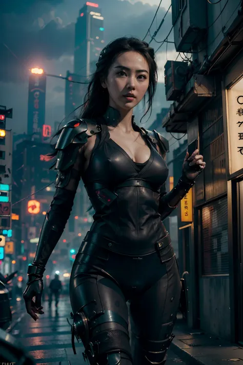 (((Jessica Henwick in a futuristic cyberpunk ninja assassin armor )), (dynamic pose), (masterpiece), (hyper realistic:1.4), (realistic:1.3), (best quality real texture skin),  (cinematic lighting), (movie scene), 1Beautiful woman, ((sexy, cleavage, nippin)...