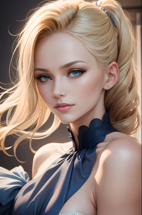 Elegant woman, about thirty years, Blonde, with hair up to the shoulders, regard charmant, yeux bleus, peau clair, loose hair, hyper realistic face, vue de face, qui sourie