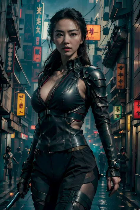 (((jessica henwick in a futuristic cyberpunk ninja assassin armor )), (dynamic pose), (masterpiece), (hyper realistic:1.4), (rea...