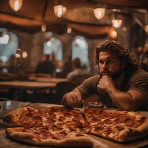 Muy gordo Thor come pizza grande, Detalles altos, ultra foto realsisim, realista, 8k