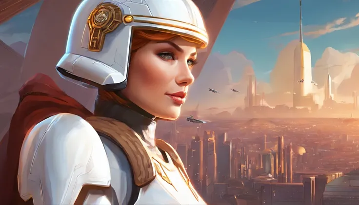 Portrait of a female Imperial stormtrooper with a city in the background, morena, hairlong, based on concept art by Magalie Villeneuve, trending on cg society, AB """Star Wars"": The Old Republic", influenced by Ralph McQuarries concept art. The stormtroop...