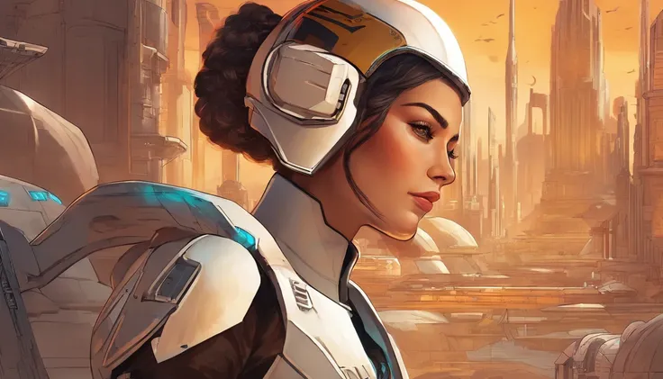 Portrait of a female Imperial stormtrooper with a city in the background, morena, hairlong, based on concept art by Magalie Villeneuve, trending on cg society, AB """Star Wars"": The Old Republic", influenced by Ralph McQuarries concept art. The stormtroop...