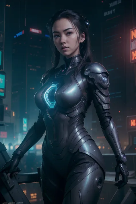 (((jessica henwick in a futuristic cyberpunk ninja assassin armor, glowing robotic ninja armor )), (dynamic pose), (masterpiece)...