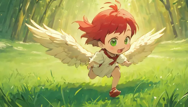 cute baby chicken with red feathers, happy, playing and running on the ground  in a green grass farm ::n_ angry face, mad expression,