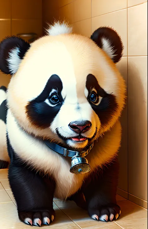 Fluffy fur，White fur，Full Body Furry，anthro male panda，eBlue eyes，eyes with brightness，Close-up of characters，（bell，Pet collars，taking a shower，adolable