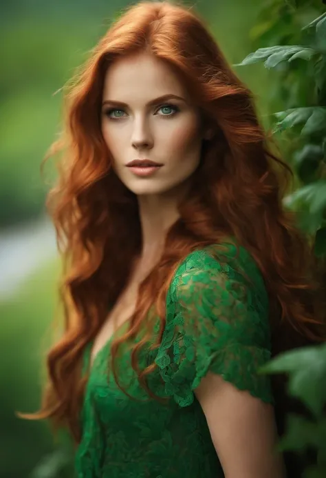 I want the image of a woman with long, wavy hair, redhead, green eyes, 24 years old and sexy