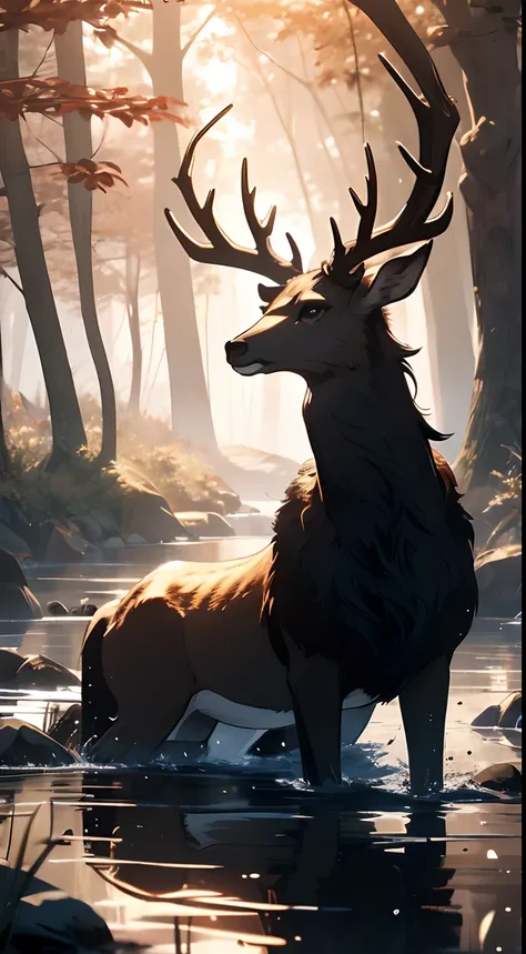 (masterpiece), best quality, a gorgeous deer in a dark florest, river, reflection, trees,  muss, leafs, fog, mediaval fantasy, dark fantasy style, beautiful horns, four paws, 4k, intricate, detailed, epic, gorgeous, ultrarealistic, amazing view, breath tak...