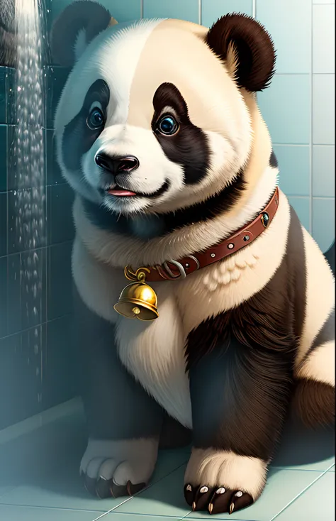 Fluffy fur，White fur，Full Body Furry，anthro male panda，eBlue eyes，eyes with brightness，Close-up of characters，（bell，Pet collars，taking a shower，adolable