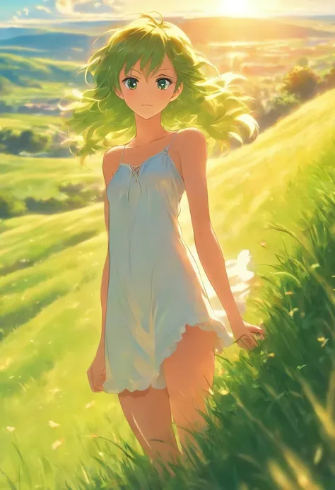 beautiful cute girl, white short nightgown, naked legs, bare arms, bare footed, Leather wide collar, hairlong, juicy short grass, Green Hills, Sunny day, Standing posture at full height,