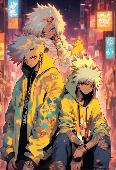 Two cool and trendy dogs looking here, White hair, Yellow eyes, Wear trendy hip-hop clothes, Wearing a hoodie, Graphic T-shirt and ripped jeans, Lots of tattoos and piercings, Doodle style background, Highly detailed background, perfect masterpiece, High q...