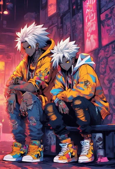 Two cool and trendy dogs looking here, White hair, Yellow eyes, Wear trendy hip-hop clothes, Wearing a hoodie, Graphic T-shirt and ripped jeans, Lots of tattoos and piercings, Doodle style background, Highly detailed background, perfect masterpiece, High q...