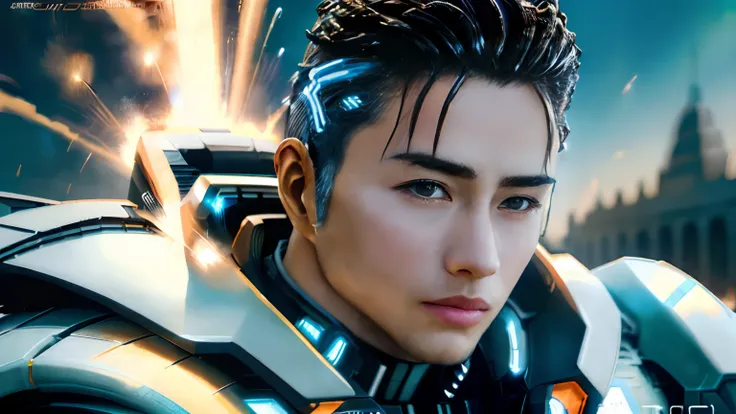 masterpiece, best quality, realistic, ultra detailed, sfw, head shot, a portrait of a young man, starsector, sci-fi style suits, hight-tech gadgets, head facing right,Cyber angel futuristic Guard On a front of the celestial temple of the Roman pentanon of ...