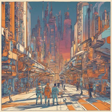 midshot, (cel-shading style:1.3), group of an astronauts walking into the spaceship landad in the street of a big city,  centered image, ultra detailed illustration of a highest metropolis, (tetradic colors), inkpunk, (ink lines:1.1), strong outlines, art ...