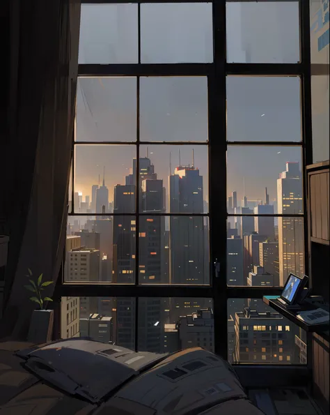 (best quality,4k,8k,highres,masterpiece:1.2),ultra-detailed,(realistic,photorealistic,photo-realistic:1.37),window of room view to skyscraper city,beautifully lit room with a large window:1.1,expansive panoramic view:1.1,skyscrapers reaching into the sky,t...