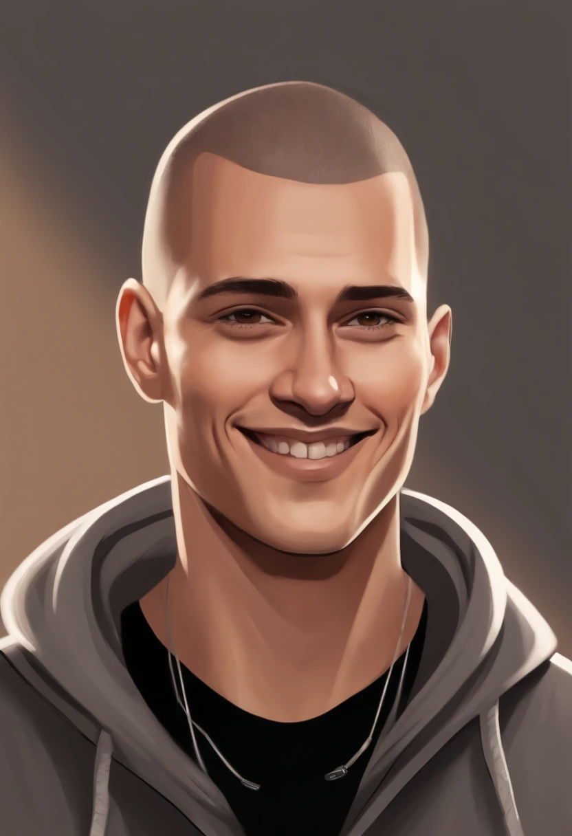 cartoon image of a male with faded buzz cut haircut wearing a gray hoodie, character portrait, light brown eyes, buzz cut(black:1.5,), smiling, inspired by Johnny Deep with short hair, (black:1.5,dark brown:1.3, gray:1.2),