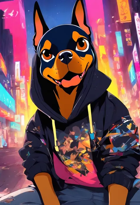 Cool and trendy looking here２Dog（Doberman、French Bulldog）, White hair, Yellow eyes, Wear trendy hip-hop clothes, Wearing a hoodie, Graphic T-shirt and ripped jeans, Doodle style background, Highly detailed background, perfect masterpiece, High quality, Hig...