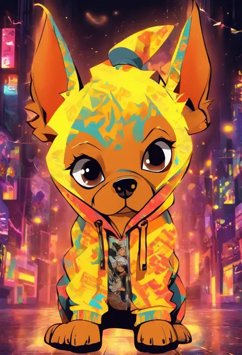 Cool and trendy looking here２Dog（Doberman、French Bulldog）, White hair, Yellow eyes, Wear trendy hip-hop clothes, Wearing a hoodie, Graphic T-shirt and ripped jeans, Doodle style background, Highly detailed background, perfect masterpiece, High quality, Hig...