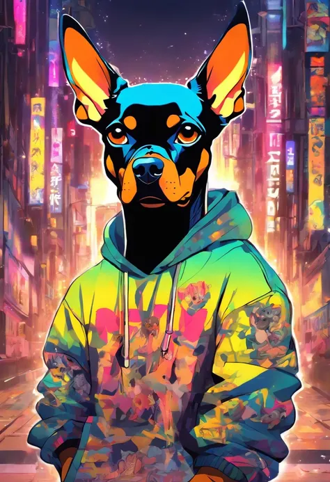 Cool and trendy looking here２Dog（Doberman、French Bulldog）, White hair, Yellow eyes, Wear trendy hip-hop clothes, Wearing a hoodie, Graphic T-shirt and ripped jeans, Doodle style background, Highly detailed background, perfect masterpiece, High quality, Hig...